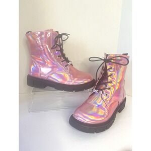 Bebe Girl's Pink Metallic Combat Ankle Boots Lace UP Size 4 Girly Glam [776]